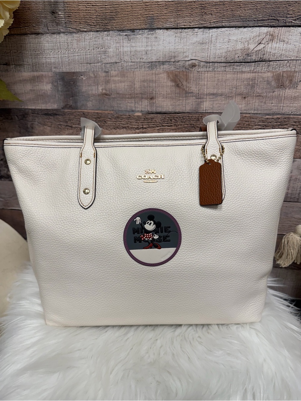 Coach Cream Leather Tote with Minnie Mouse Patch and Brown Tag